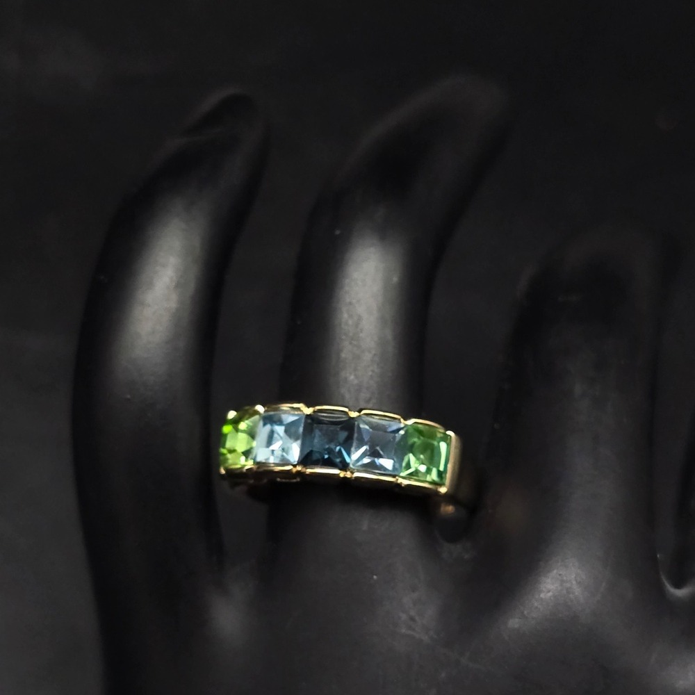 Green Blue Rhinestone Ring 14K Gold Electroplated 14KGE Size 7